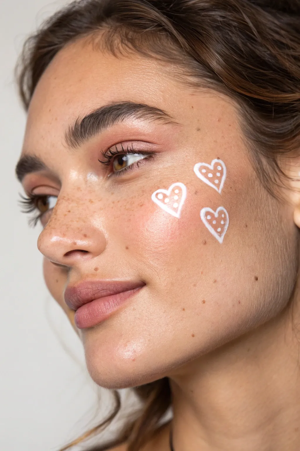 Tiny heart cluster cheek paint in dusty rose with white highlights, minimal boho vibes.