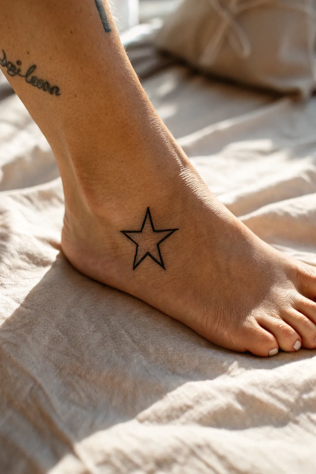 A timeless five-point star tattoo with crisp black lines, high contrast, and minimalist charm.