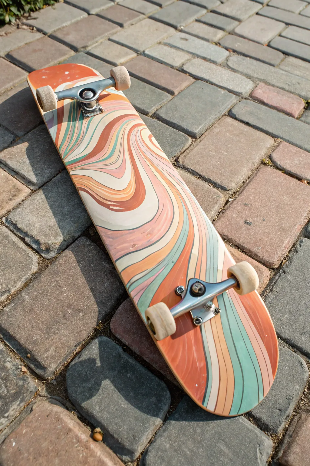 All-over psychedelic swirls on a skateboard deck, vibrant ribbons and intentional drips in crisp focus