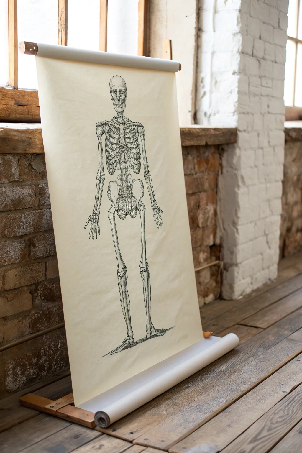 Full-body skeleton sketch in a neutral standing pose with clean lines and calm anatomy-study vibes