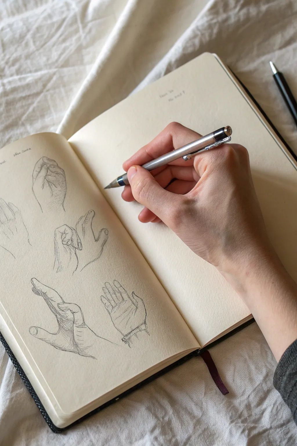 Hand studies on a minimalist sketchbook page, crisp contours over light construction lines.