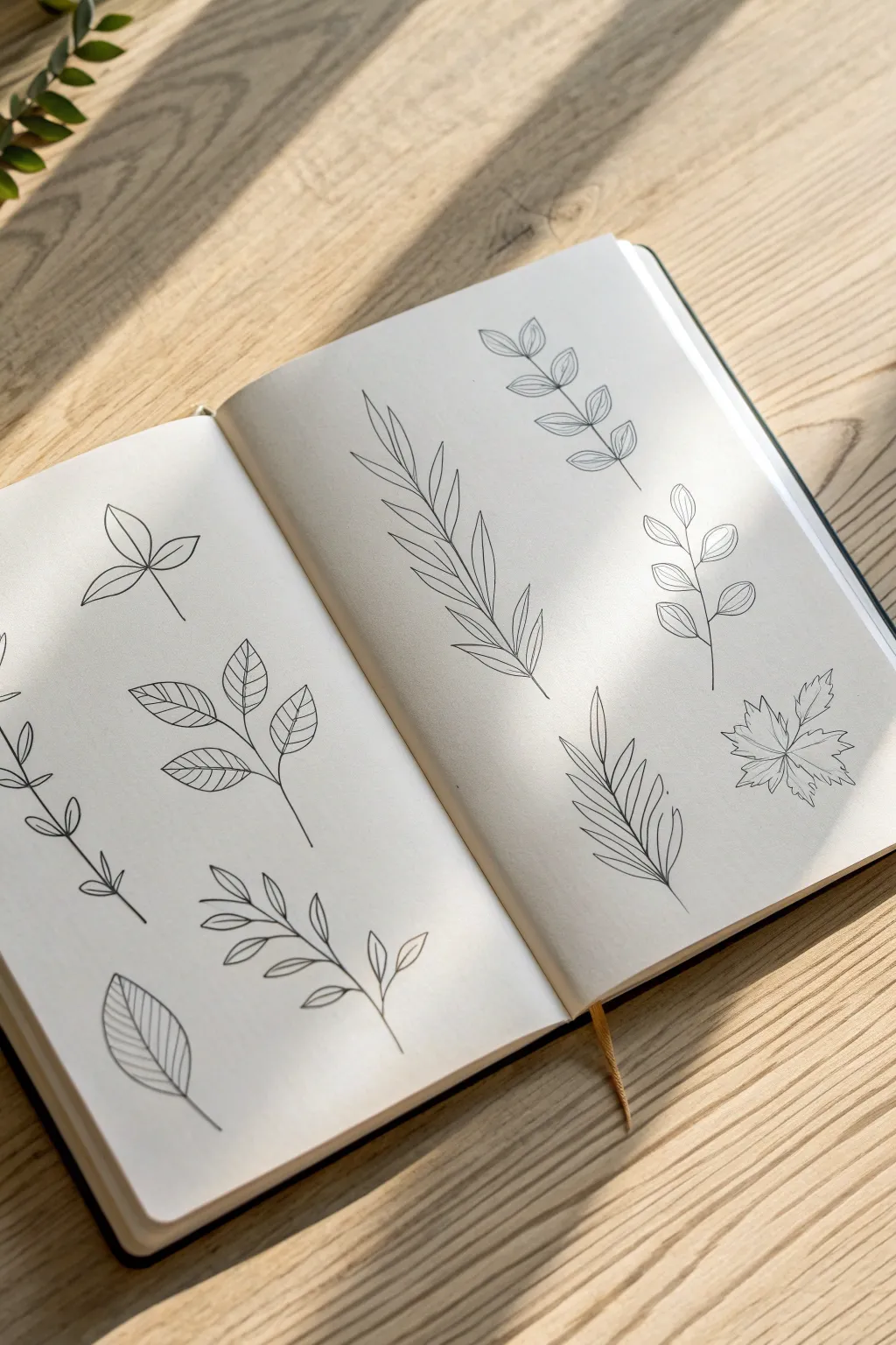 Simple leaf and stem doodles in an open sketchbook, airy spacing and calm minimalist contrast.
