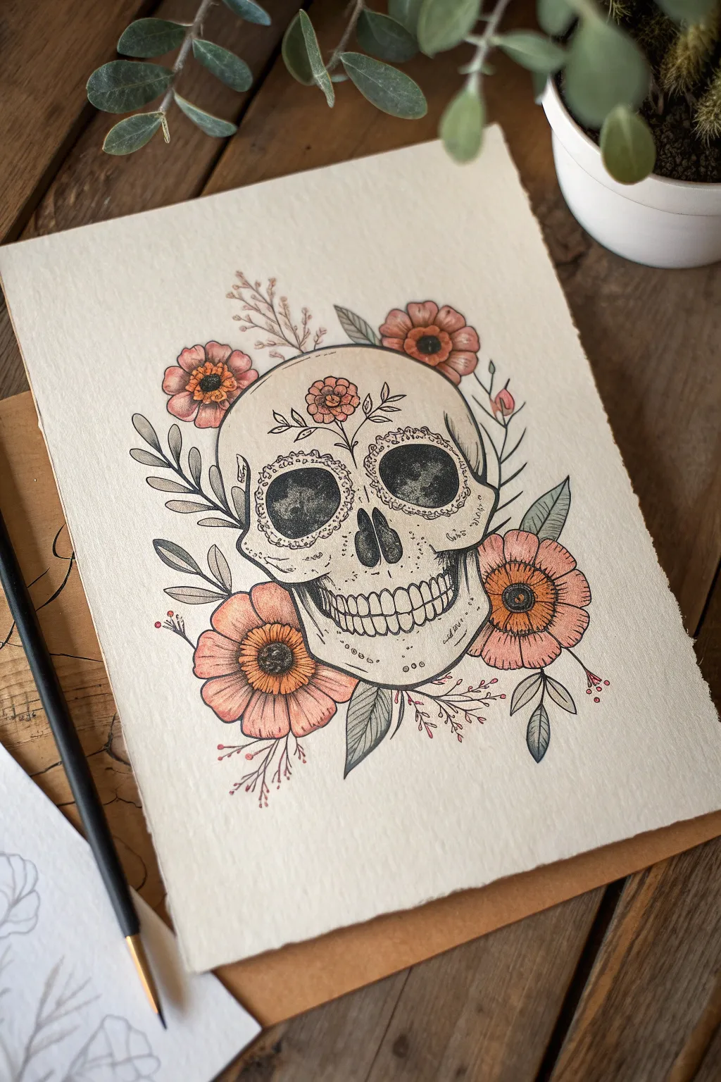 Flower eyes transform a minimalist skull into a soft boho statement with crisp, feminine contrast.