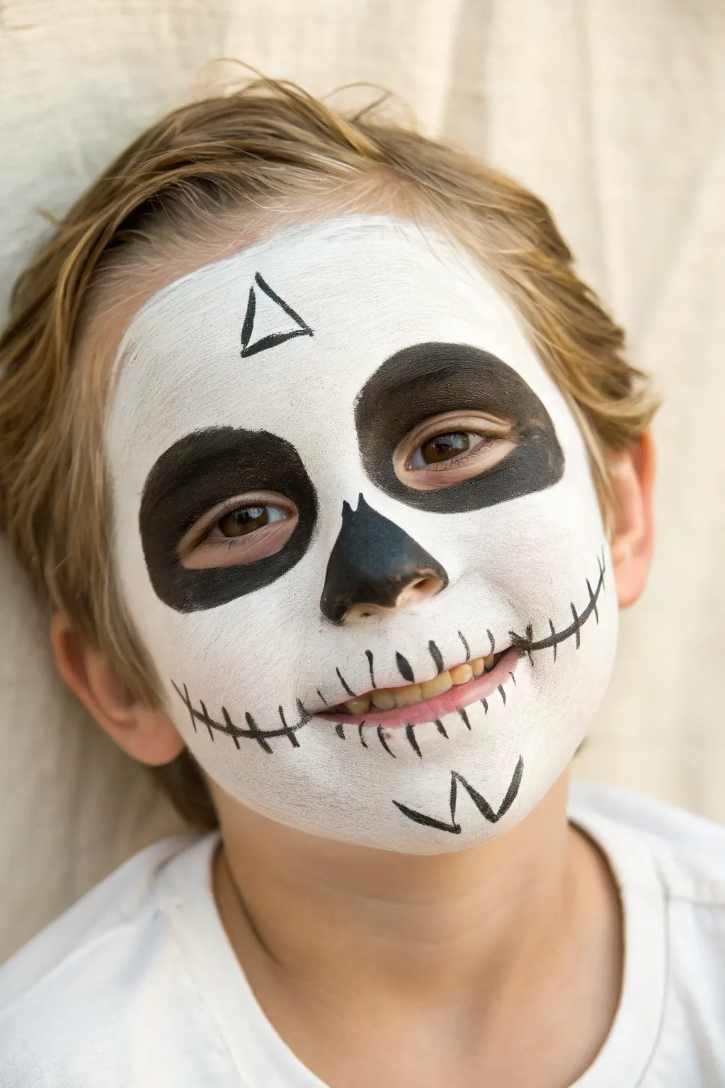 Five-minute kid skull face paint: rounded eyes, tiny nose, quick teeth, bright and friendly