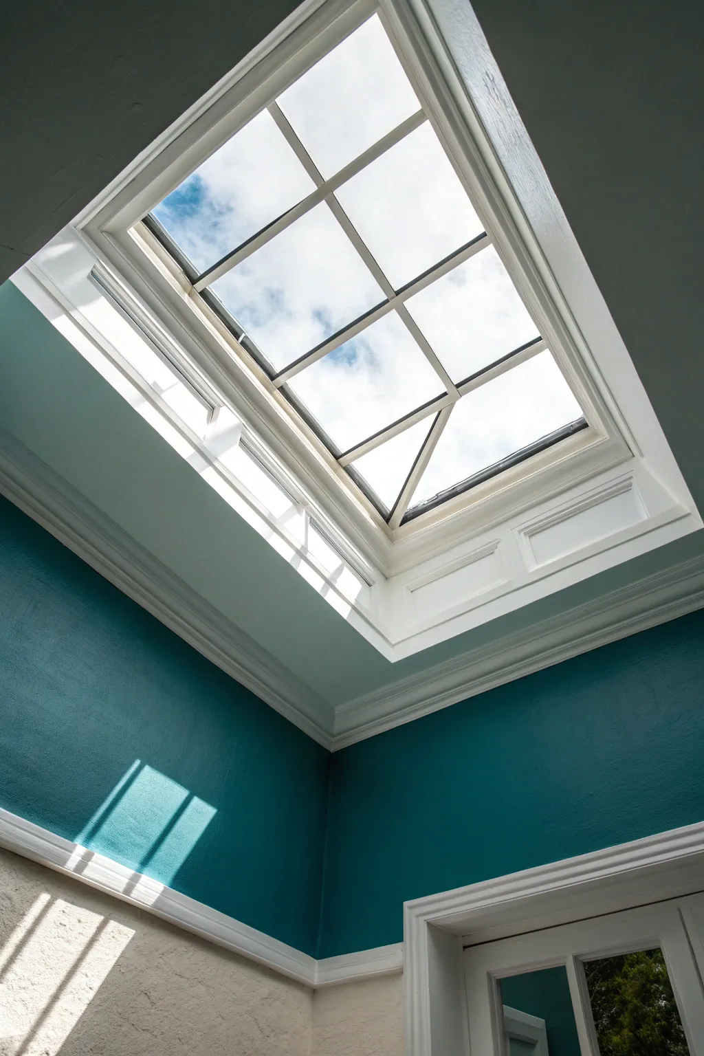 Bold teal skylight shaft against a white ceiling for an instant modern framed glow