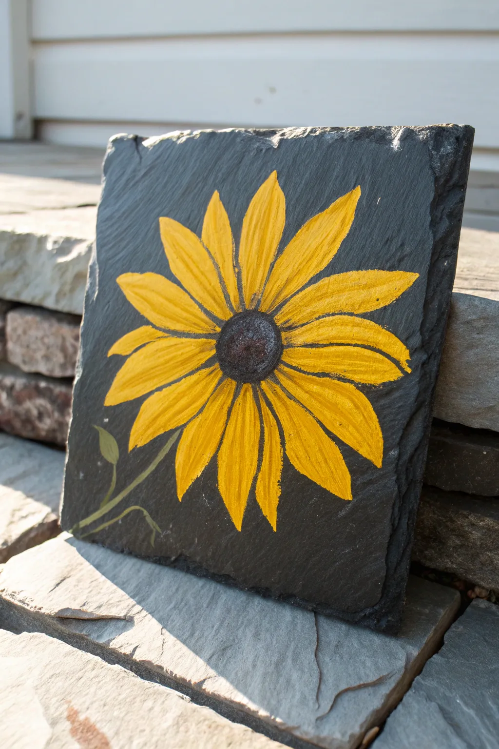 Bright sunflower acrylic on raw slate, simple, high-contrast, and beautifully handmade