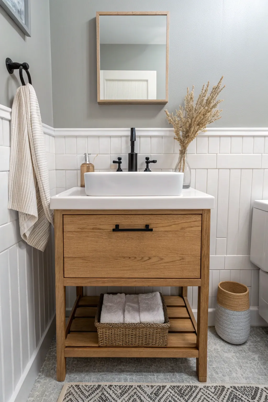 Soft greige walls meet white tile and warm wood for a calm, layered small-bath look.