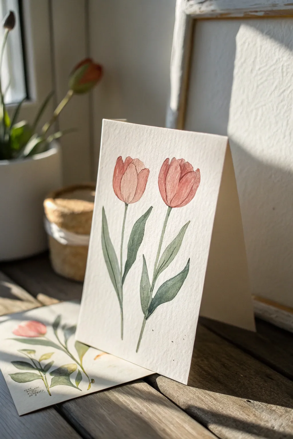 Paint two minimal tulips on a tiny card and let crisp negative space make them glow