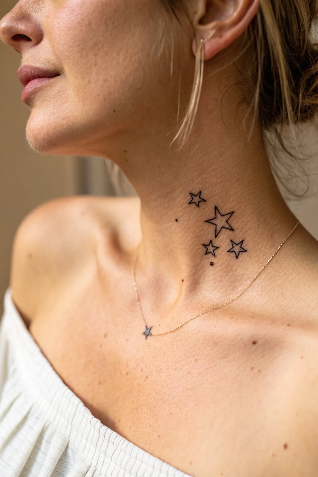 Minimal fine line star cluster tattoo close up, soft light, clean contrast, modern boho calm