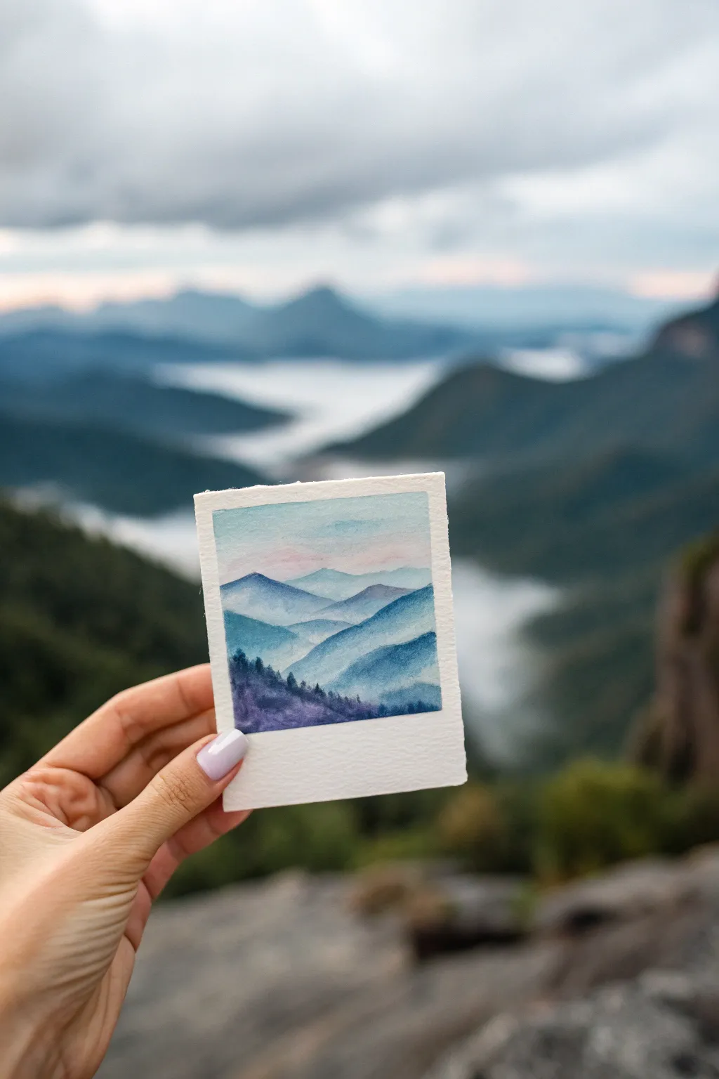 Tiny watercolor mountain layers from misty blue to indigo, held in hand on clean linen.