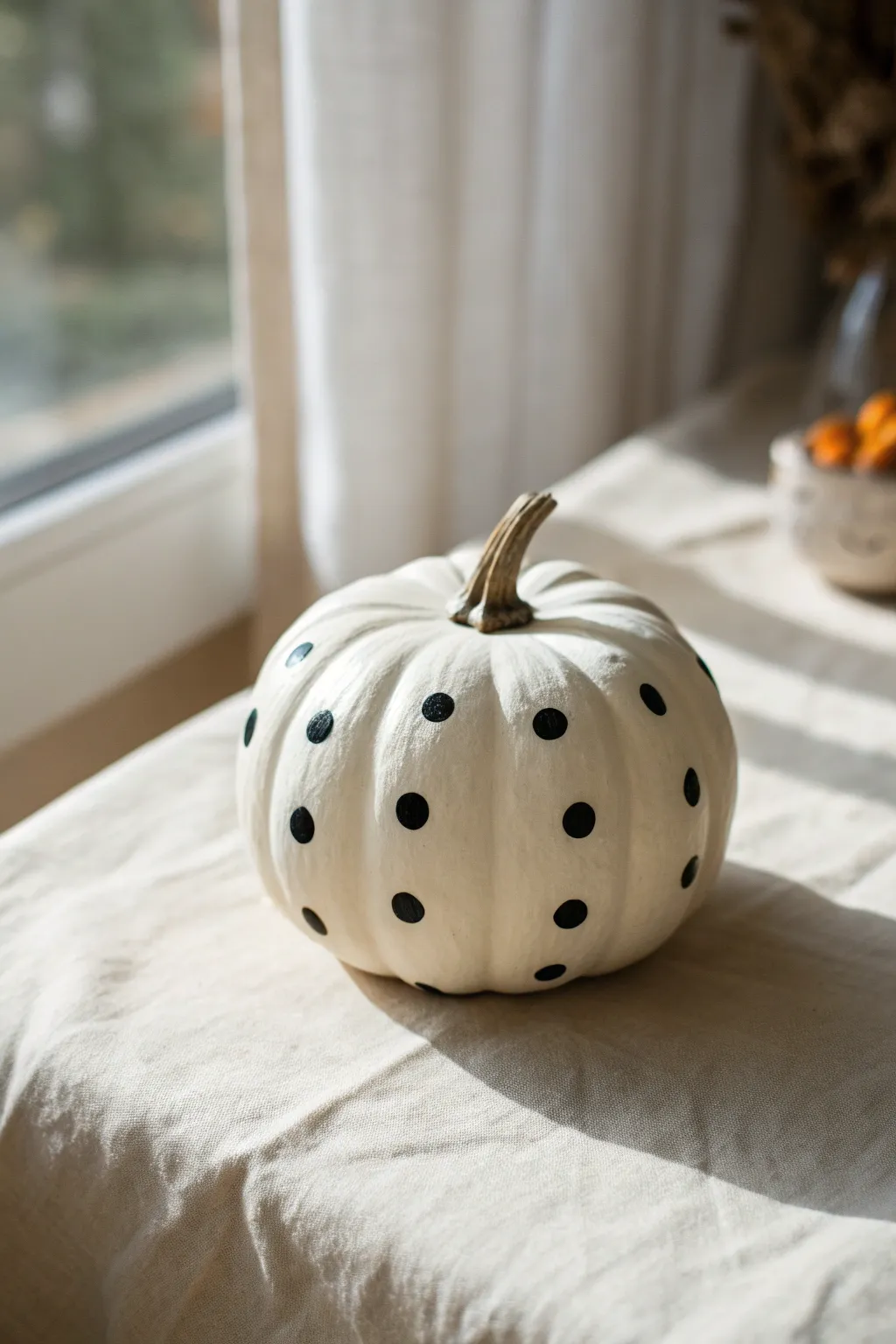 Small white pumpkin with crisp black polka dots for a chic, minimalist fall paint idea
