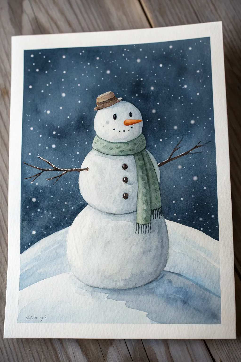 Minimal snowman glowing on white paper beneath a deep navy, star-speckled winter sky