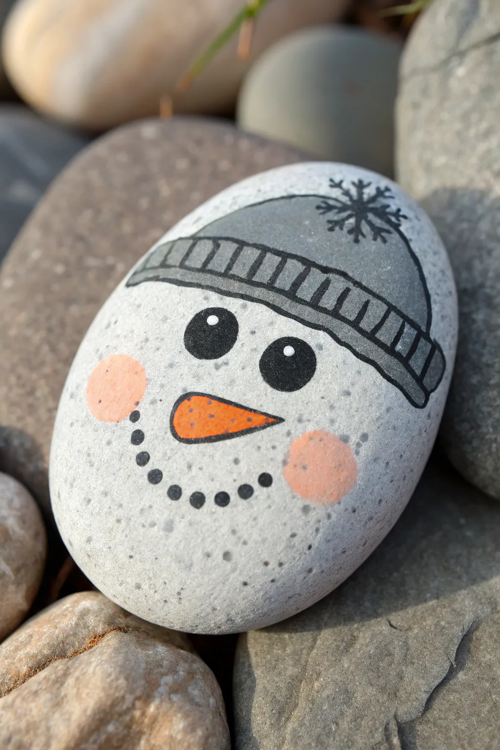 Minimalist snowman face rock painting: crisp details on a smooth round stone, cozy winter craft.