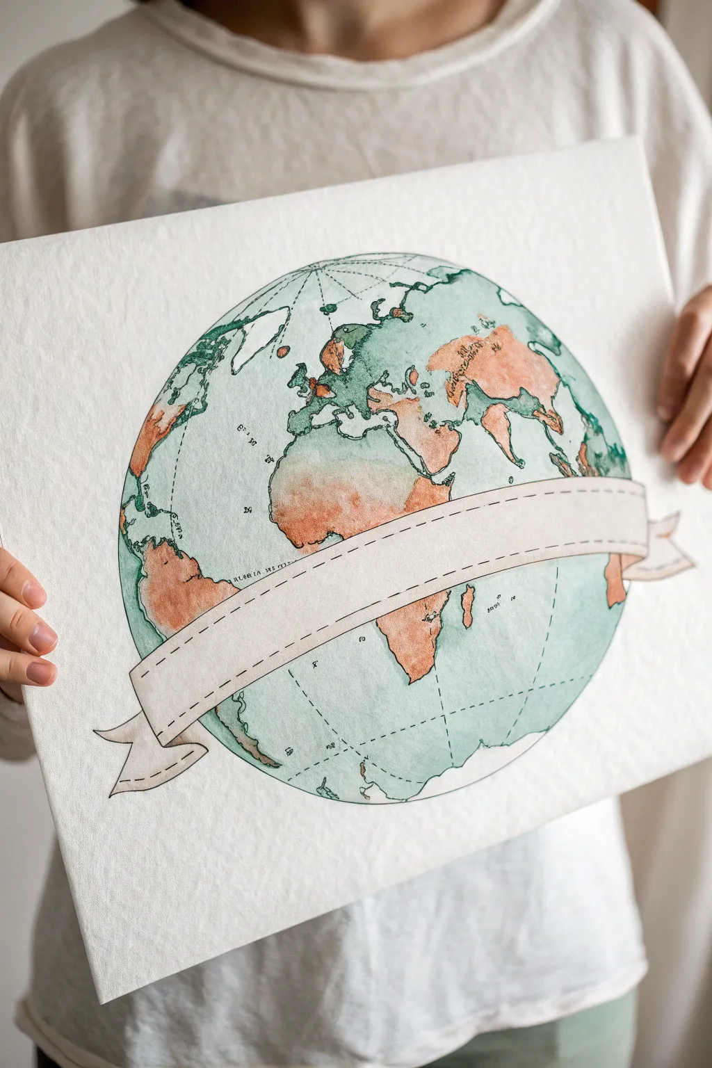 Minimalist watercolor globe cover page idea with a blank ribbon banner and airy white space
