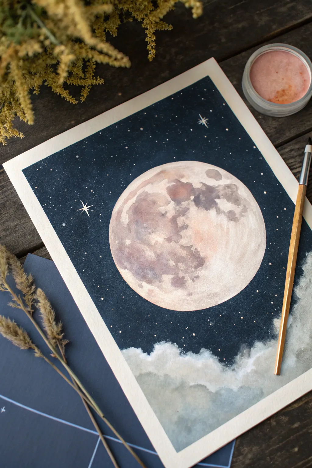 Soft pastel glowing moon with a dreamy halo against a deep midnight sky and faint clouds