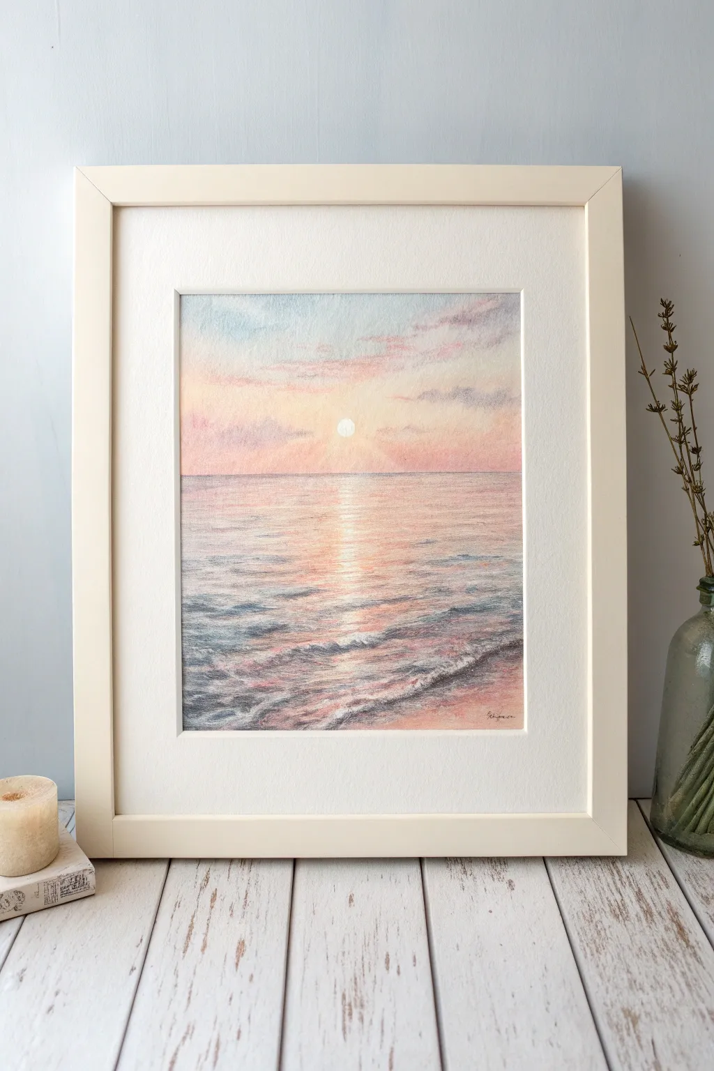 Soft pastel ocean horizon with a glowing sun band and dreamy water reflections