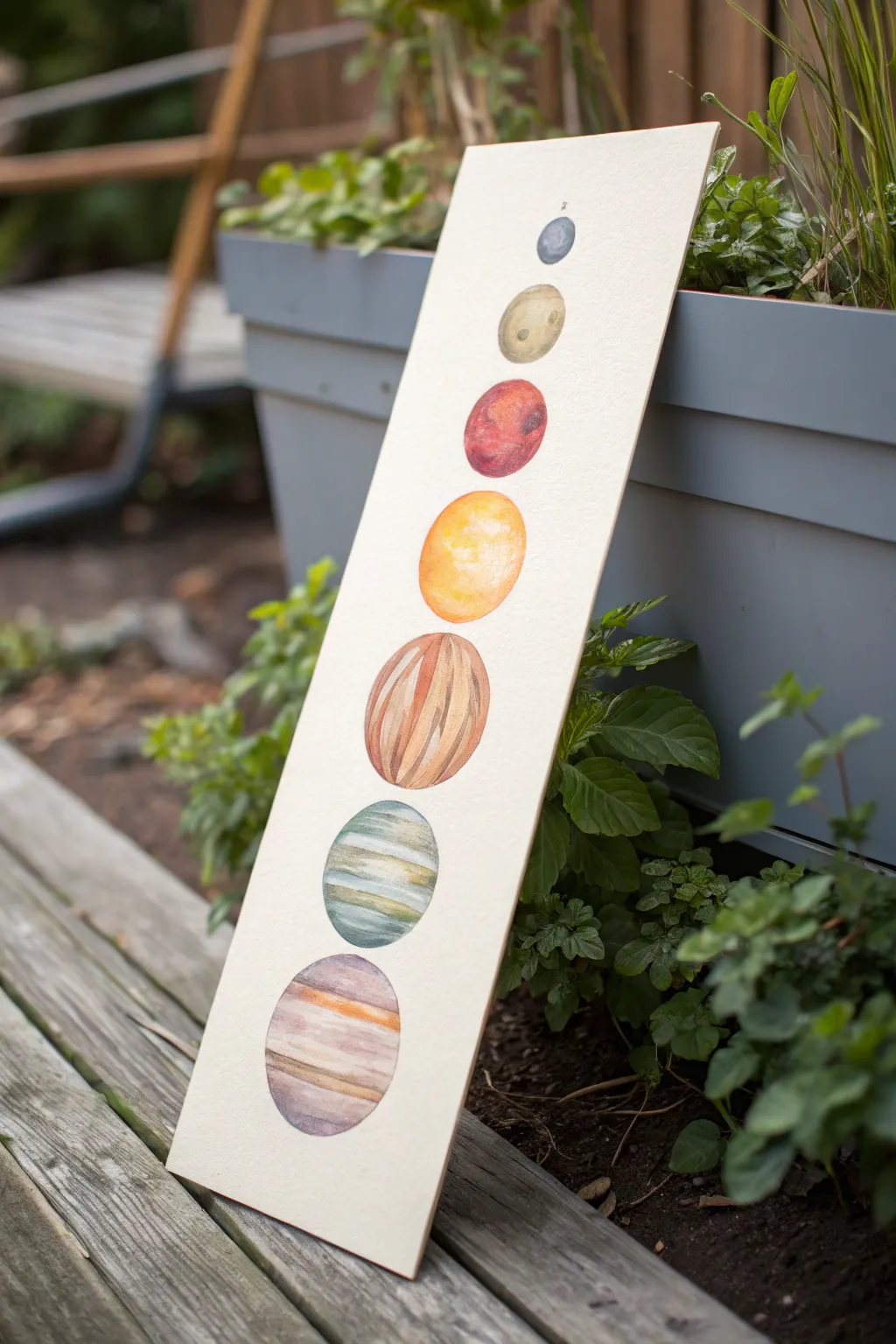 Minimal vertical solar system painting: sun on top, planets aligned in a calm Scandinavian palette.