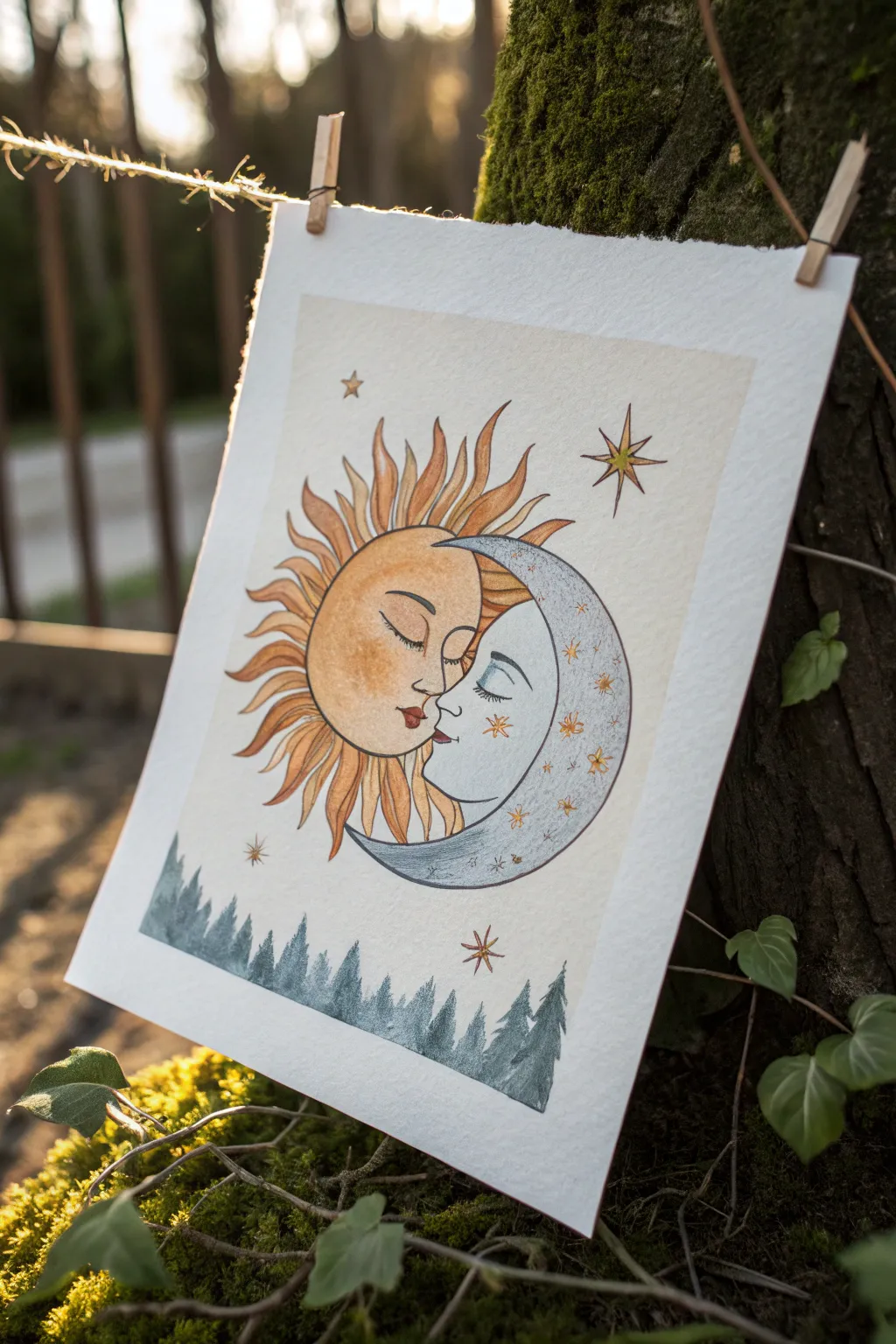 Gentle sun and moon nearly kiss, a minimalist soulmate motif in soft watercolor glow.