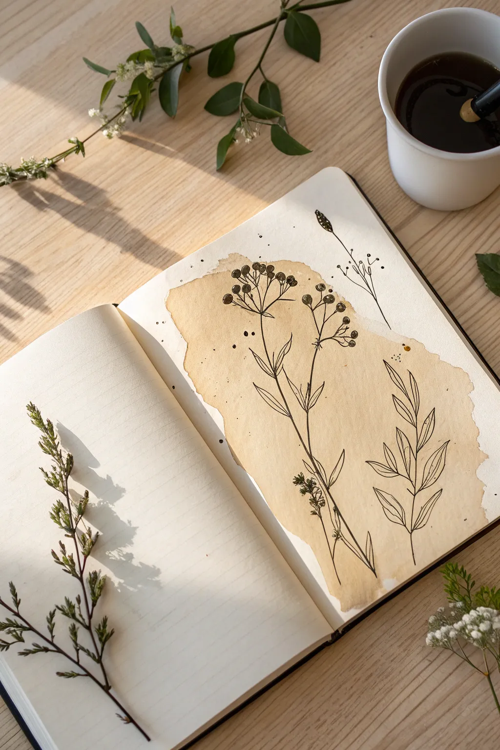 Tea-stain spill turns into airy botanical sprigs, a simple spill-art idea for calm sketchbook pages.