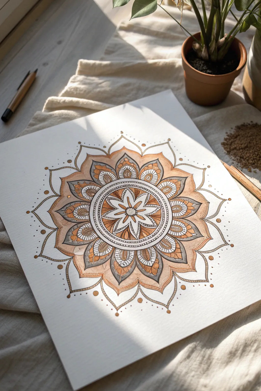 Paint a centered mandala in soft neutrals for calm focus and a minimalist boho vibe.