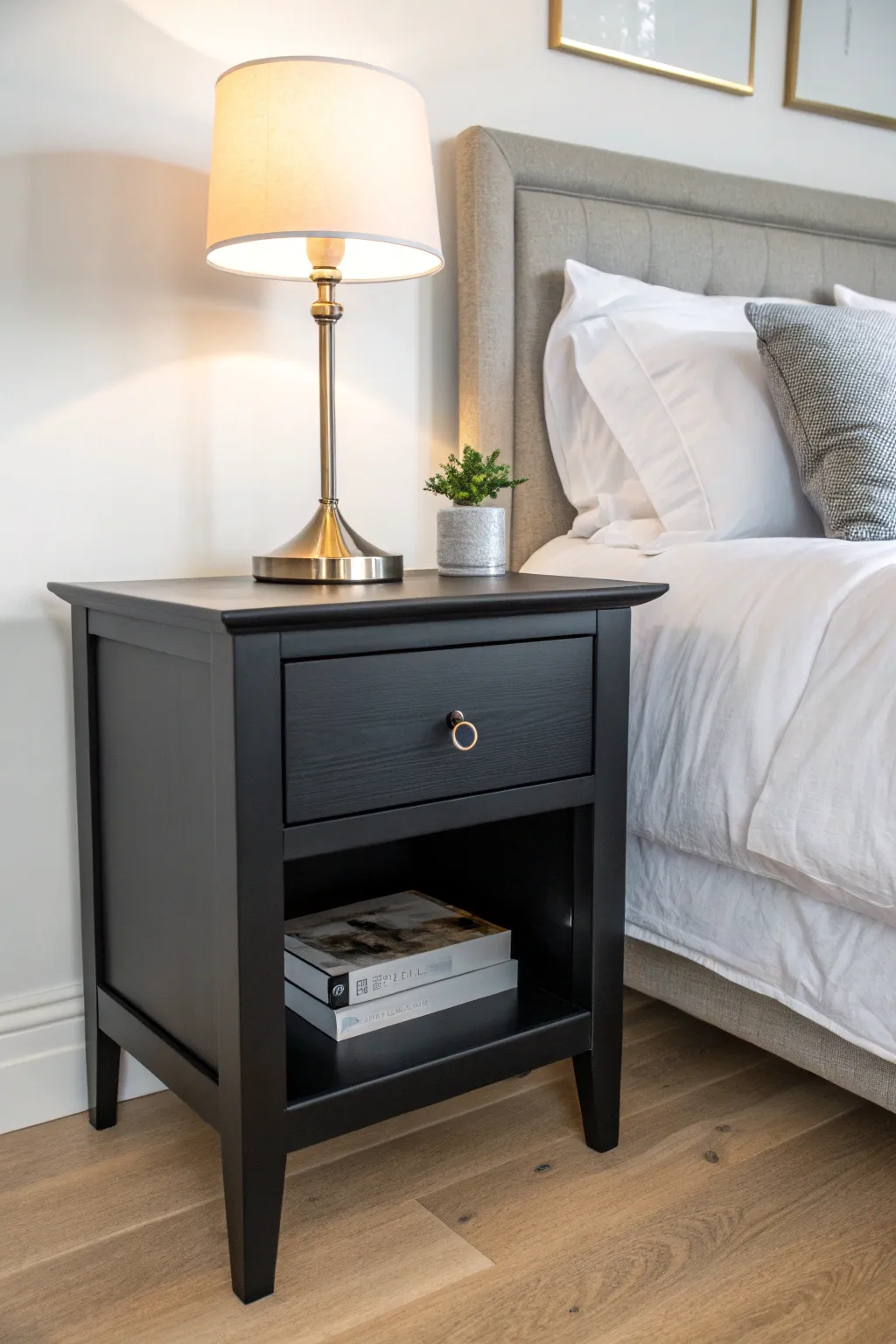 Matte black spray-painted nightstand makeover with a silky, brushstroke-free finish