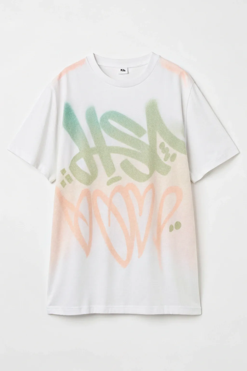 Minimalist spray-painted tag on a crisp white tee, soft gradients and drips for street-art charm