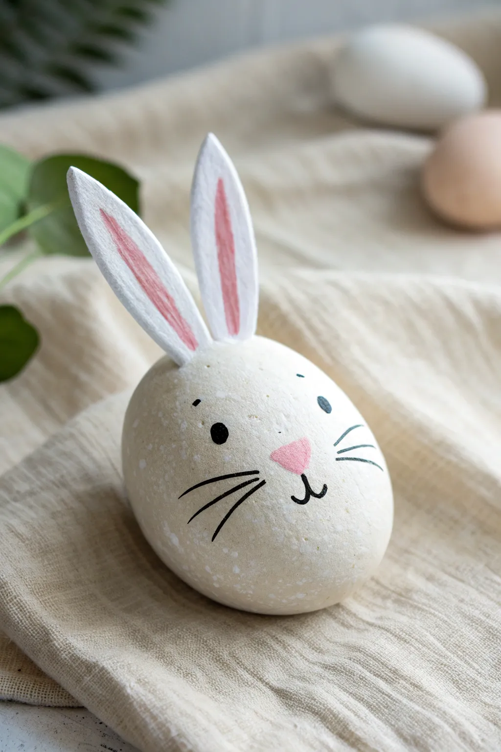 Minimalist bunny face rock with whiskers, soft pink nose and ears in gentle spring light