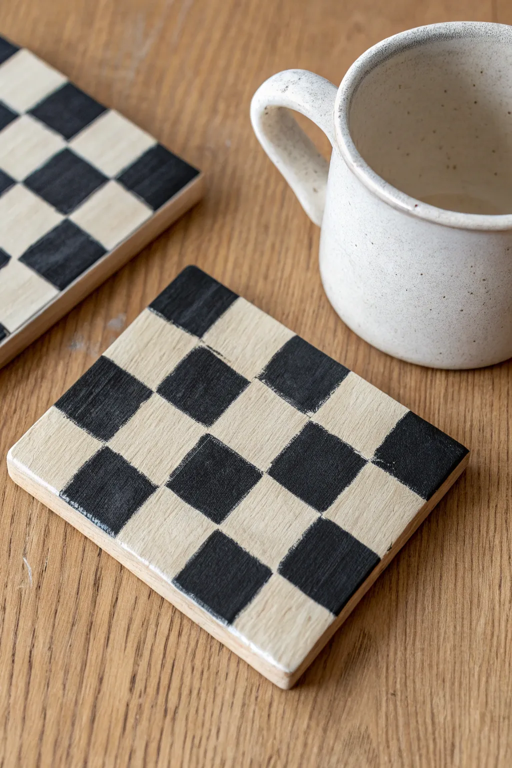 Simple checkerboard coaster DIY in calming neutrals for minimalist boho table styling