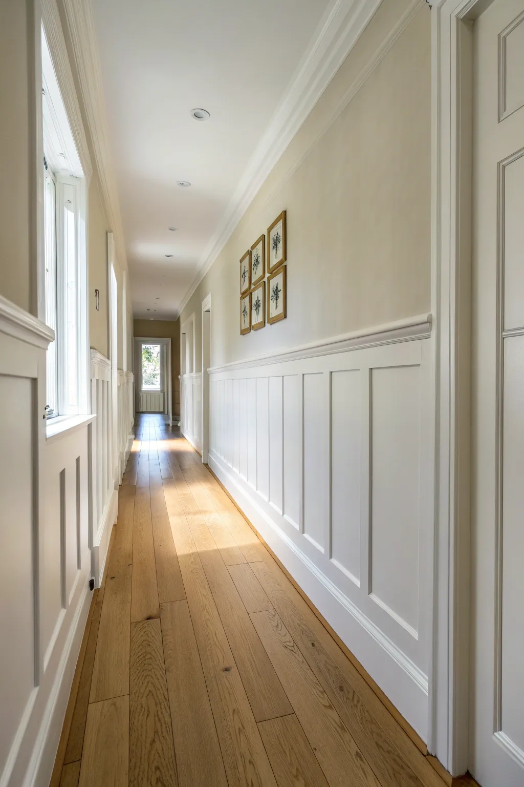 Half-wall square wainscoting adds quiet architecture and contrast in a minimalist hallway