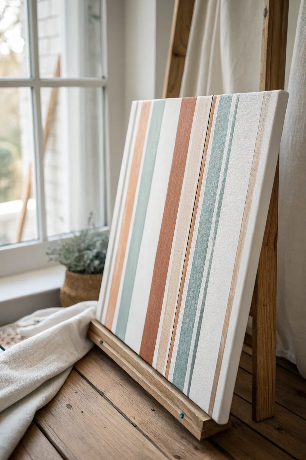 Crisp vertical squeegee pull stripes in muted boho tones for a clean Scandinavian abstract