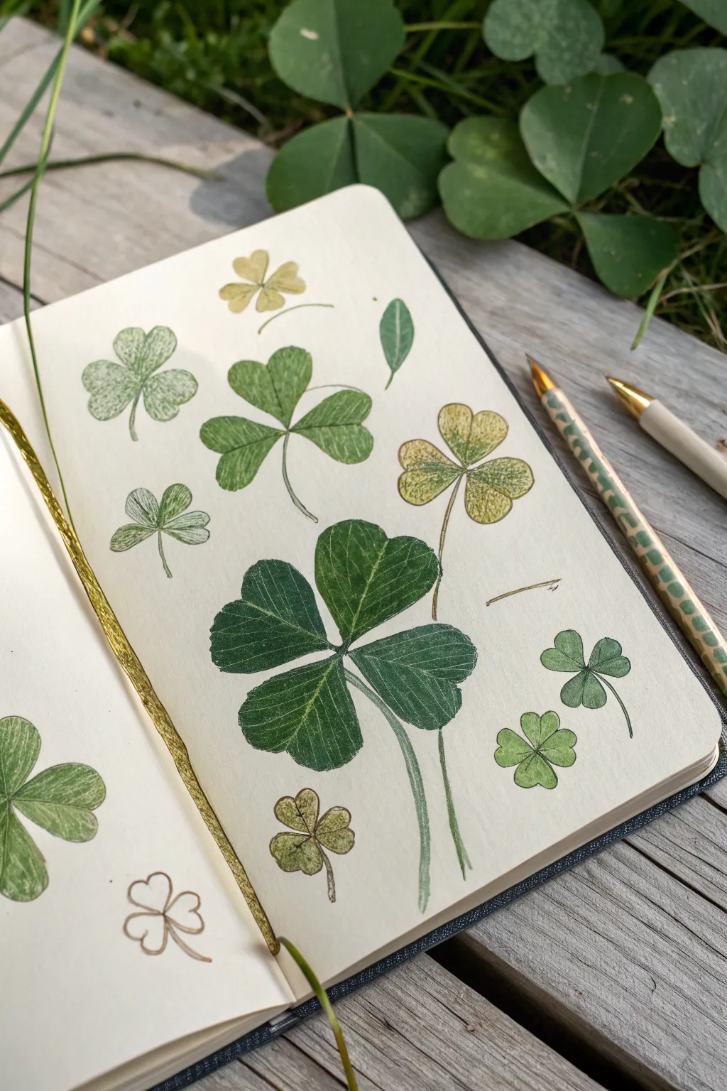 Four-leaf clover lucky charm sketches in soft greens with subtle gold on clean paper