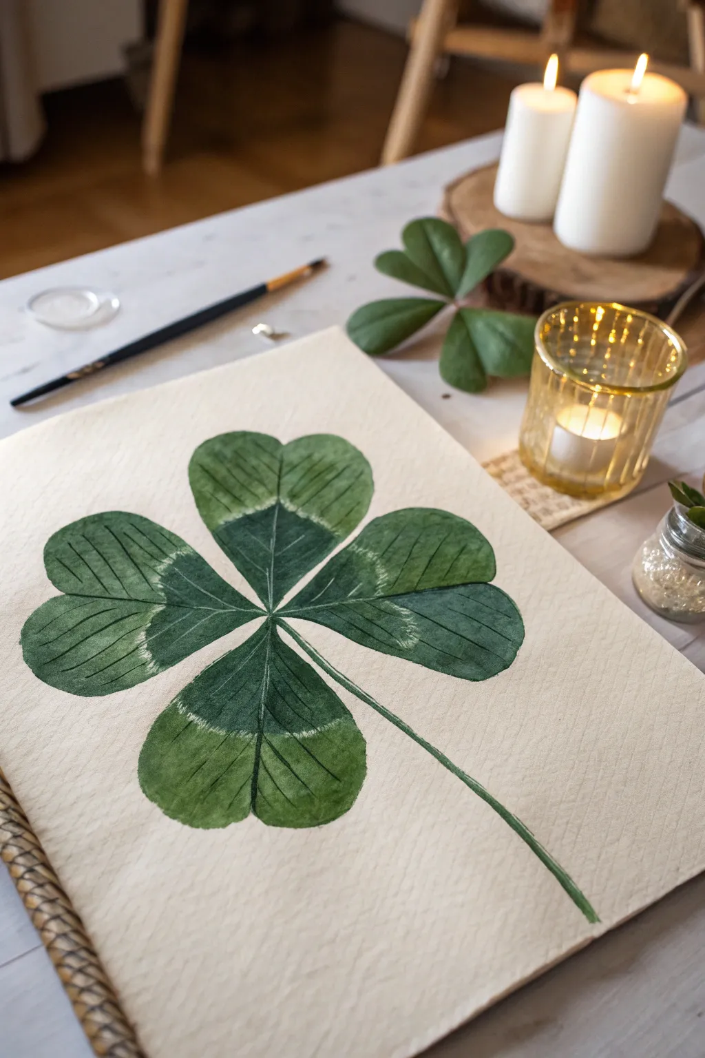 Bold four-leaf clover close-up with layered greens, visible brushstrokes, and soft vignette contrast