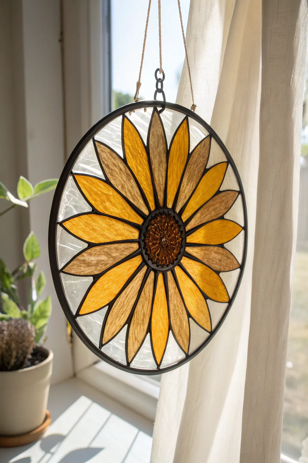 Bold sunflower suncatcher glowing in sunlight, with chunky black outlines and golden petals
