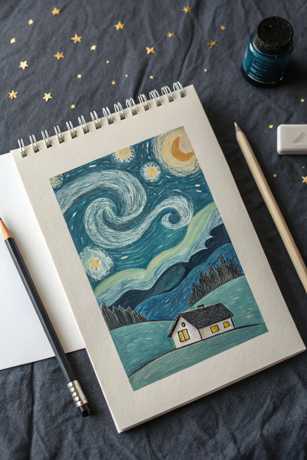 Simple starry night drawing idea for beginners, bold swirls and a clean horizon line.