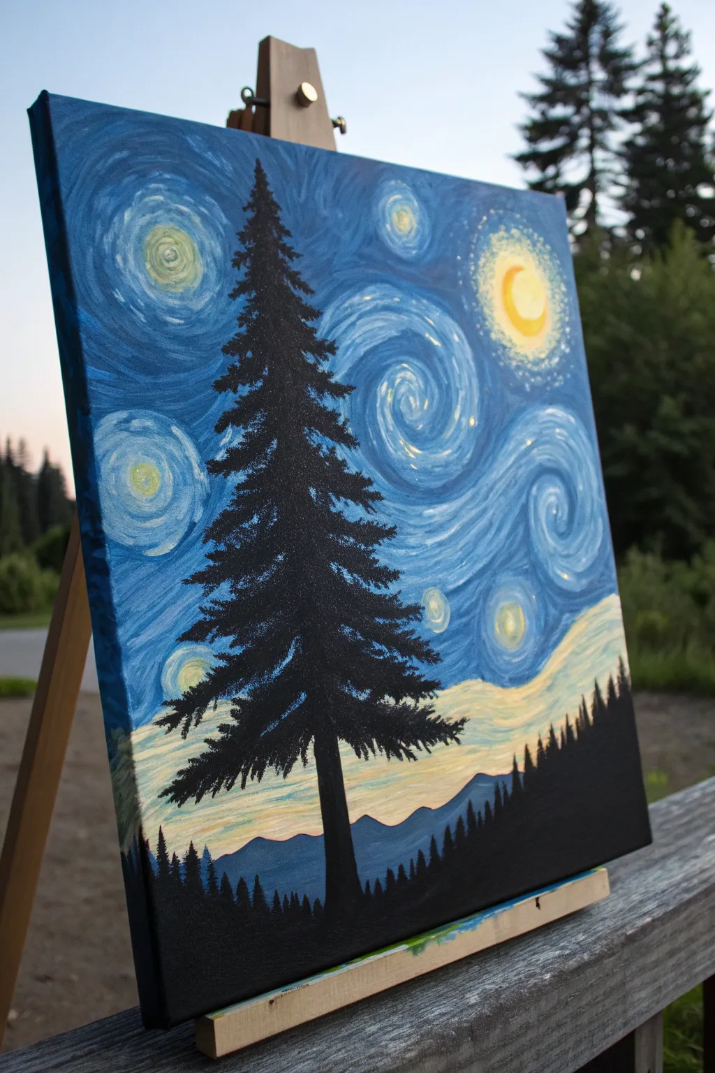 Create an easy starry night: bold black cypress silhouette under glowing halo stars
