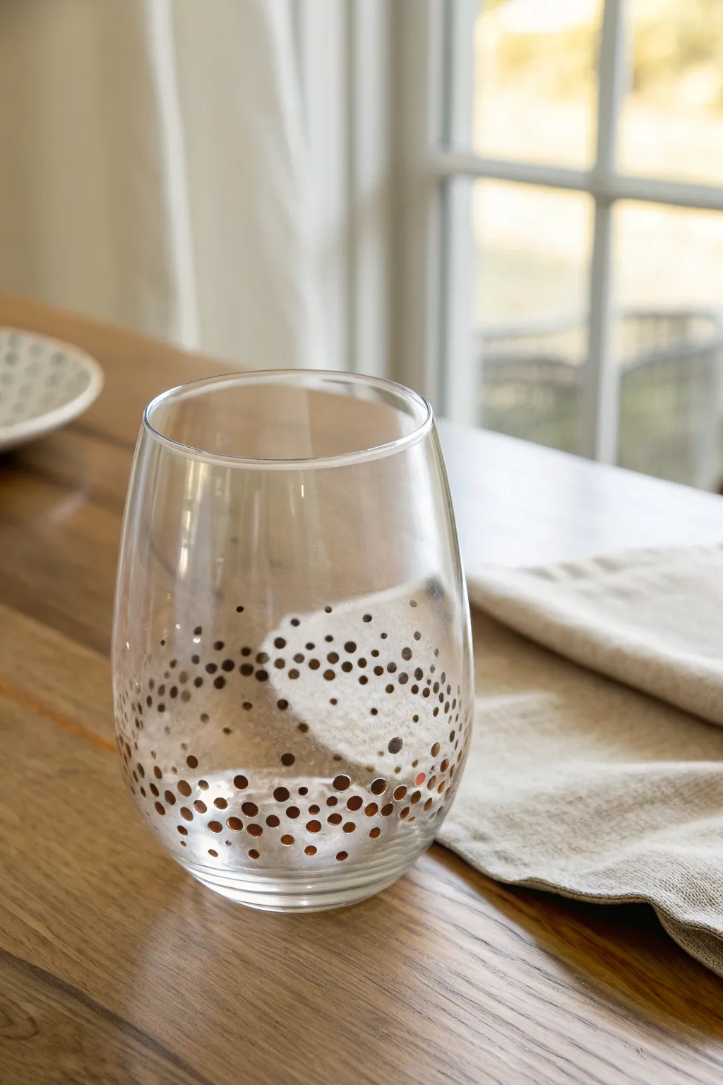 Polka dot confetti scatter on a stemless wine glass, fading dots for a light, festive look