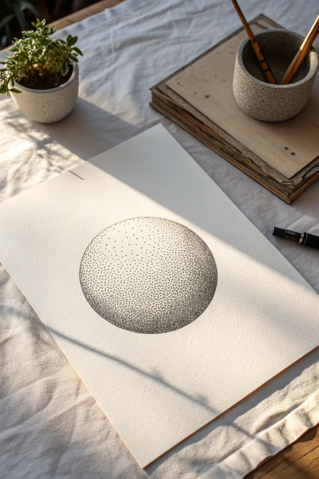 Stipple a clean sphere with airy highlights, dense core shadows, and a soft cast shadow.