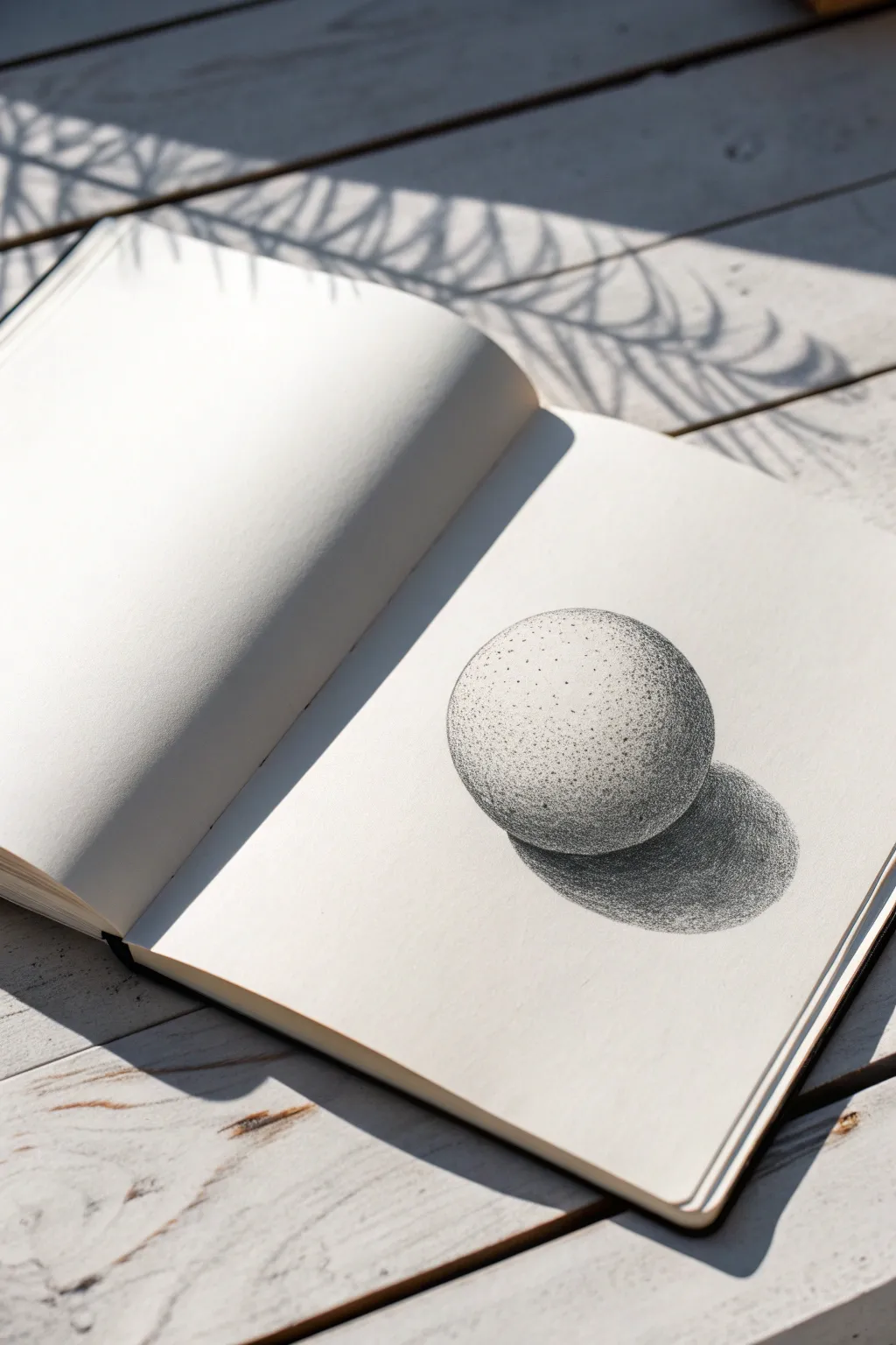 Stipple a simple sphere with airy negative-space highlight and a soft cast shadow below.