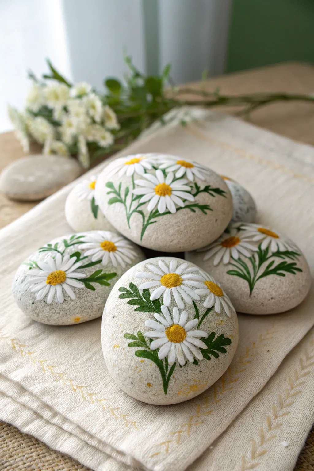 Simple daisy-painted garden stones in bright white and green on a calm neutral craft surface