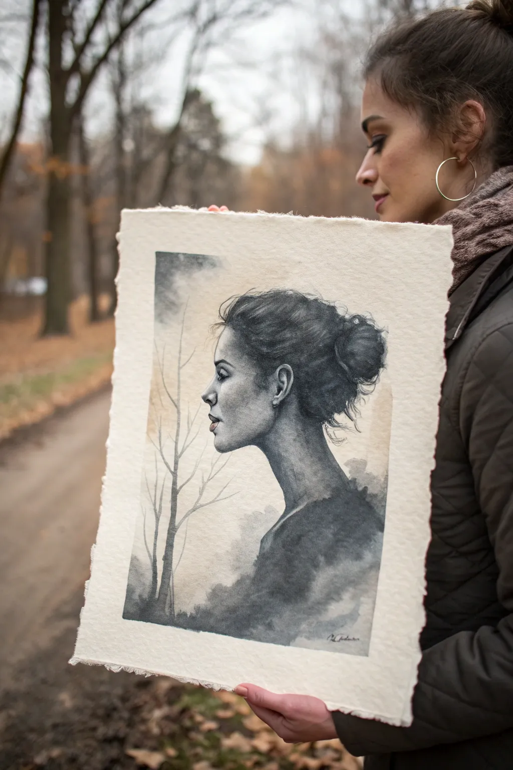 Minimalist silhouette with dreamy smoke ribbons blooming into tiny leaves and stars