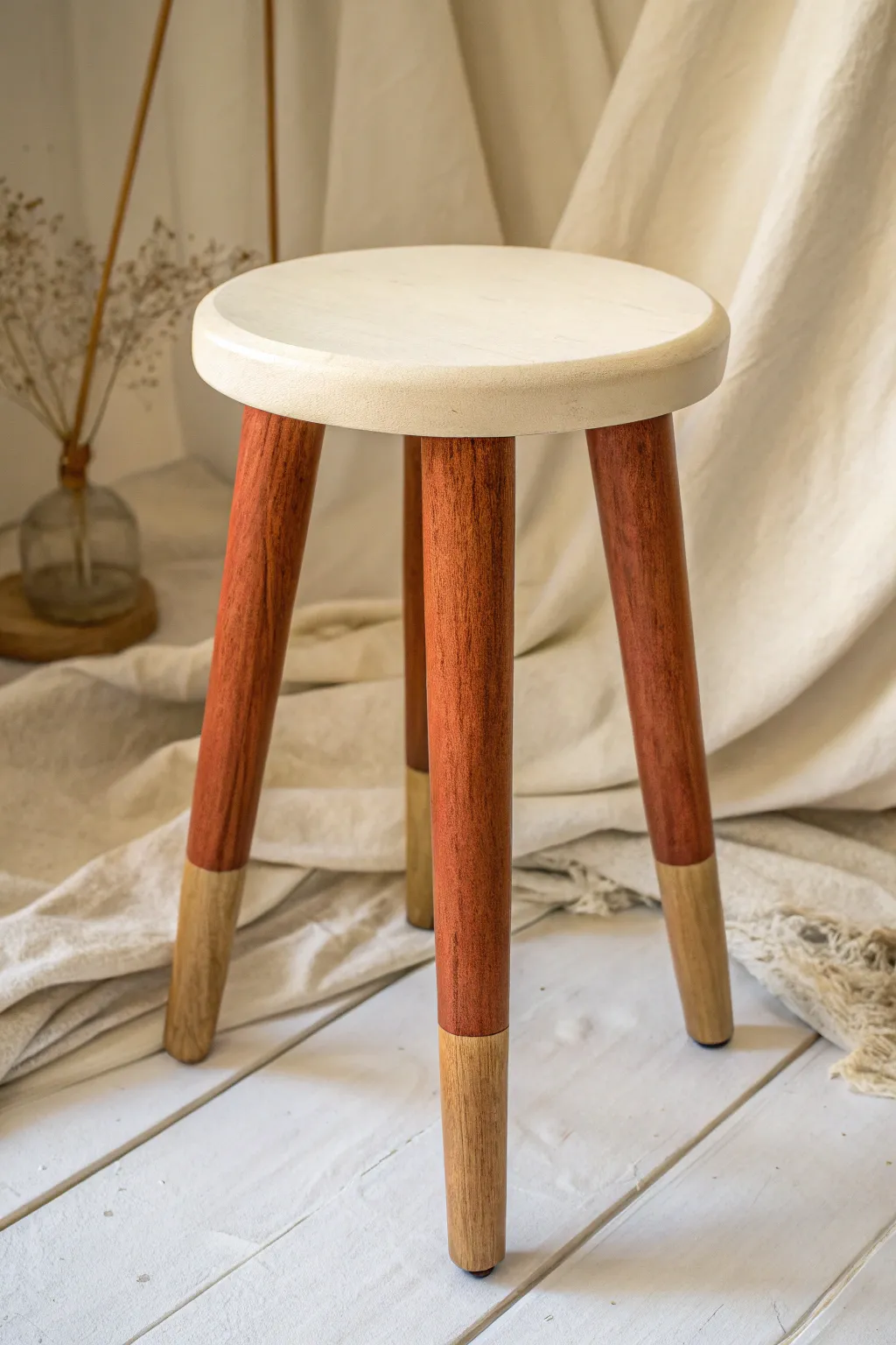Two-tone painted stool: soft neutral seat with deep legs for a clean modern boho look.