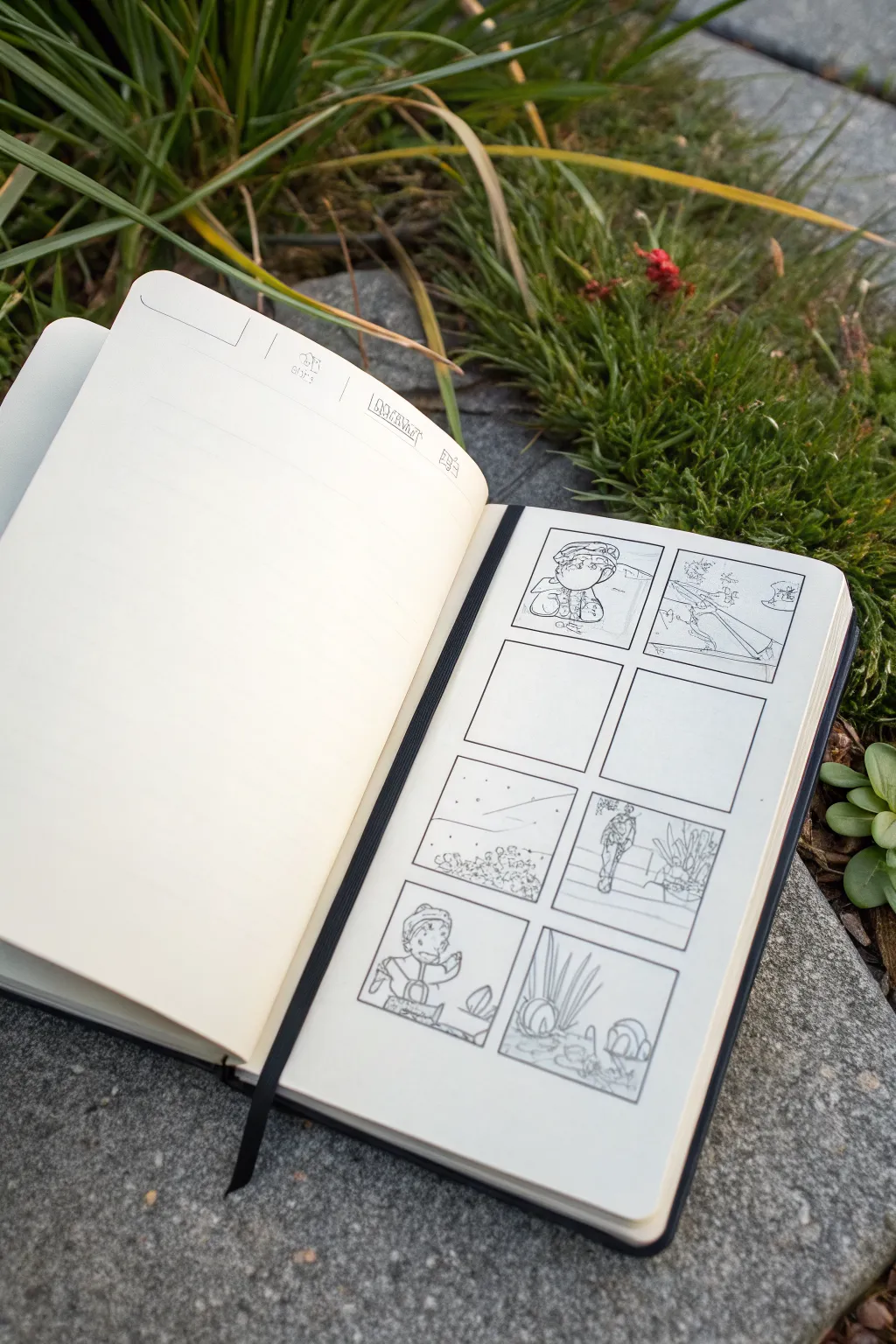 Simple three-panel story strip sketch for practicing beginning, middle, and end in one glance.