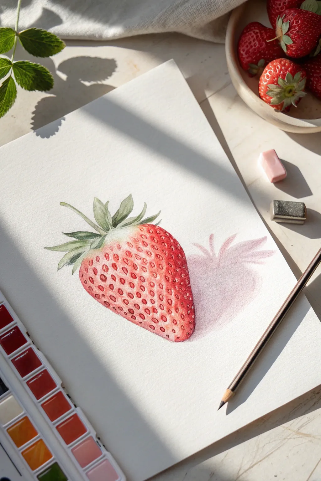 Realistic colored pencil strawberry with smooth gradients, crisp seeds, plus highlight and shadow tests