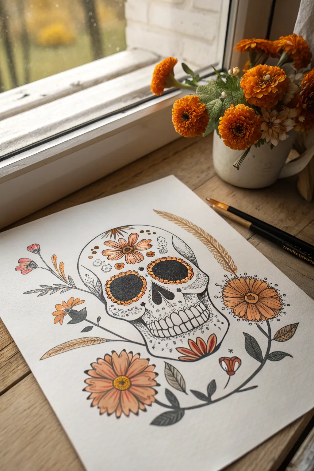 Marigold petal eye sockets on a clean white sugar skull for a minimalist boho look