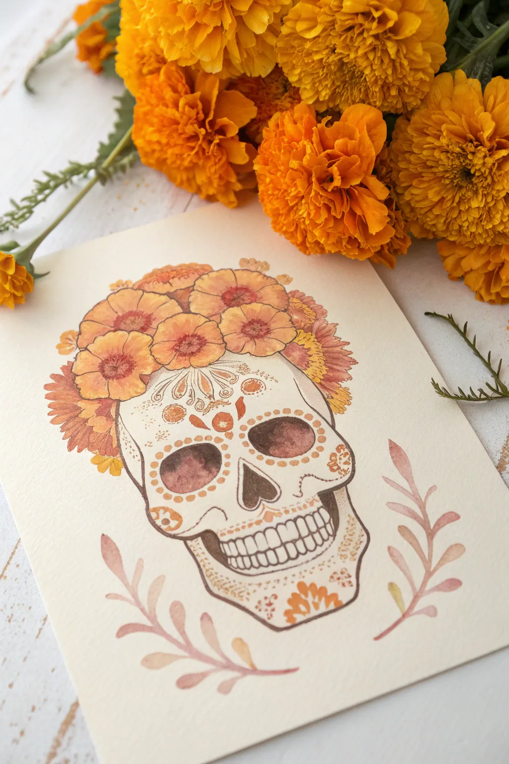 Marigold crown sugar skull in warm minimalist boho style, crisp focus and bold contrast
