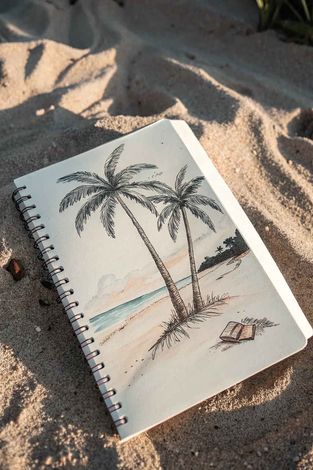 Minimal palm tree sketch with long beach shadows, perfect for easy summer drawing practice.