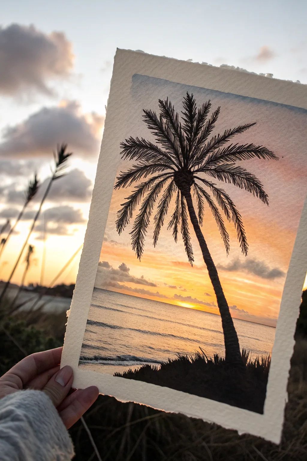 Minimal palm silhouette against a glowing golden-hour wash, perfect for summer painting practice
