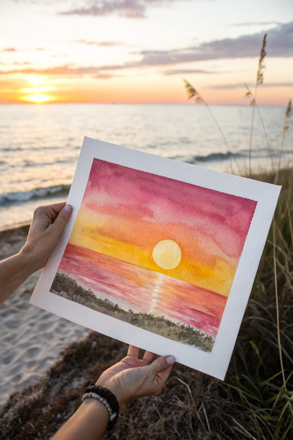 Glowing sunset wash watercolor idea with crisp shoreline silhouette and soft white sun