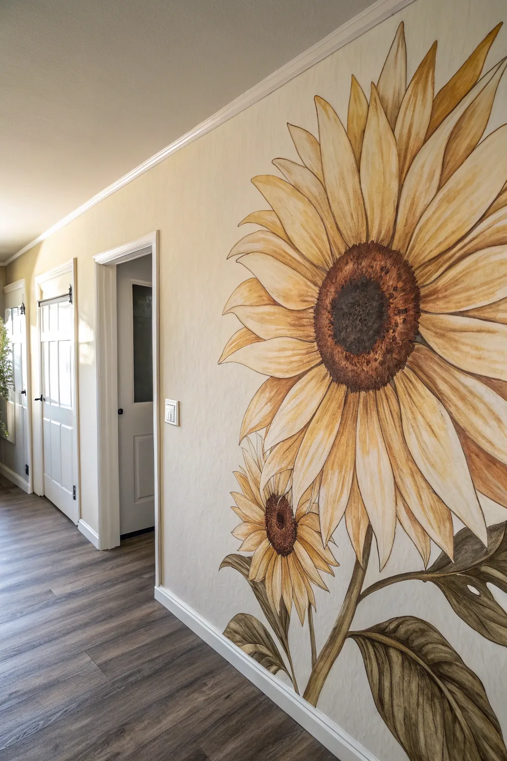One giant sunflower close-up mural for a minimalist Scandinavian wall with a soft boho glow