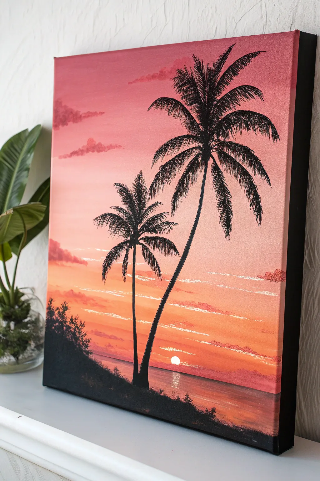 Minimal palm silhouettes framing a glowing tropical sunset, made for calm vacation-day vibes
